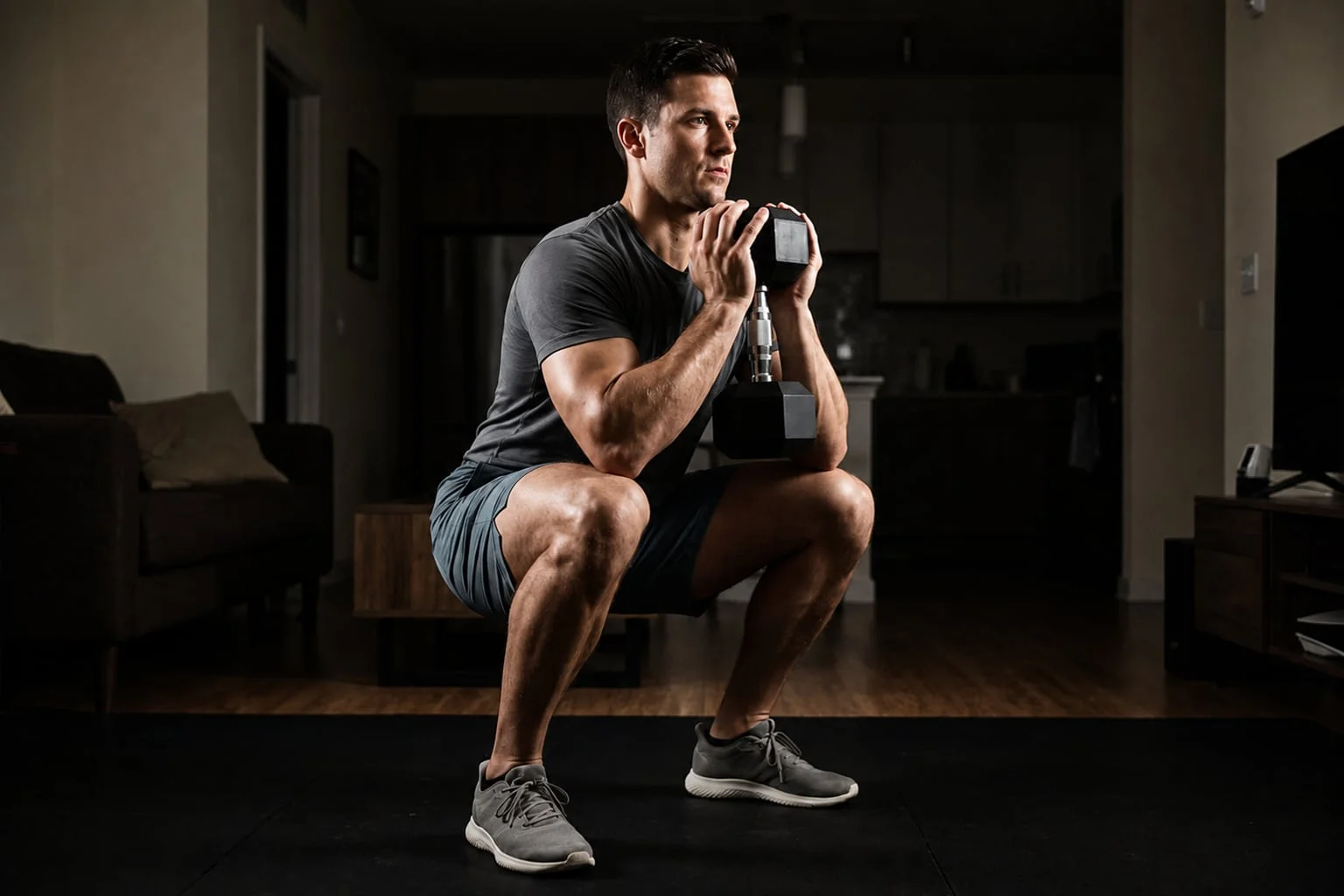 Man doing a goblet squat with one dumbbell in his living room at night