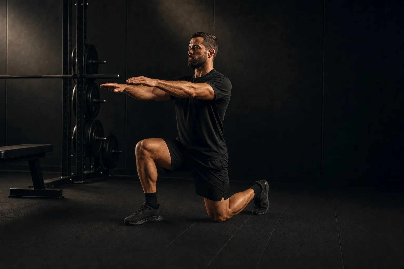 Man performing a bodyweight split squat in a small dark room with his front knee stacked over his foot