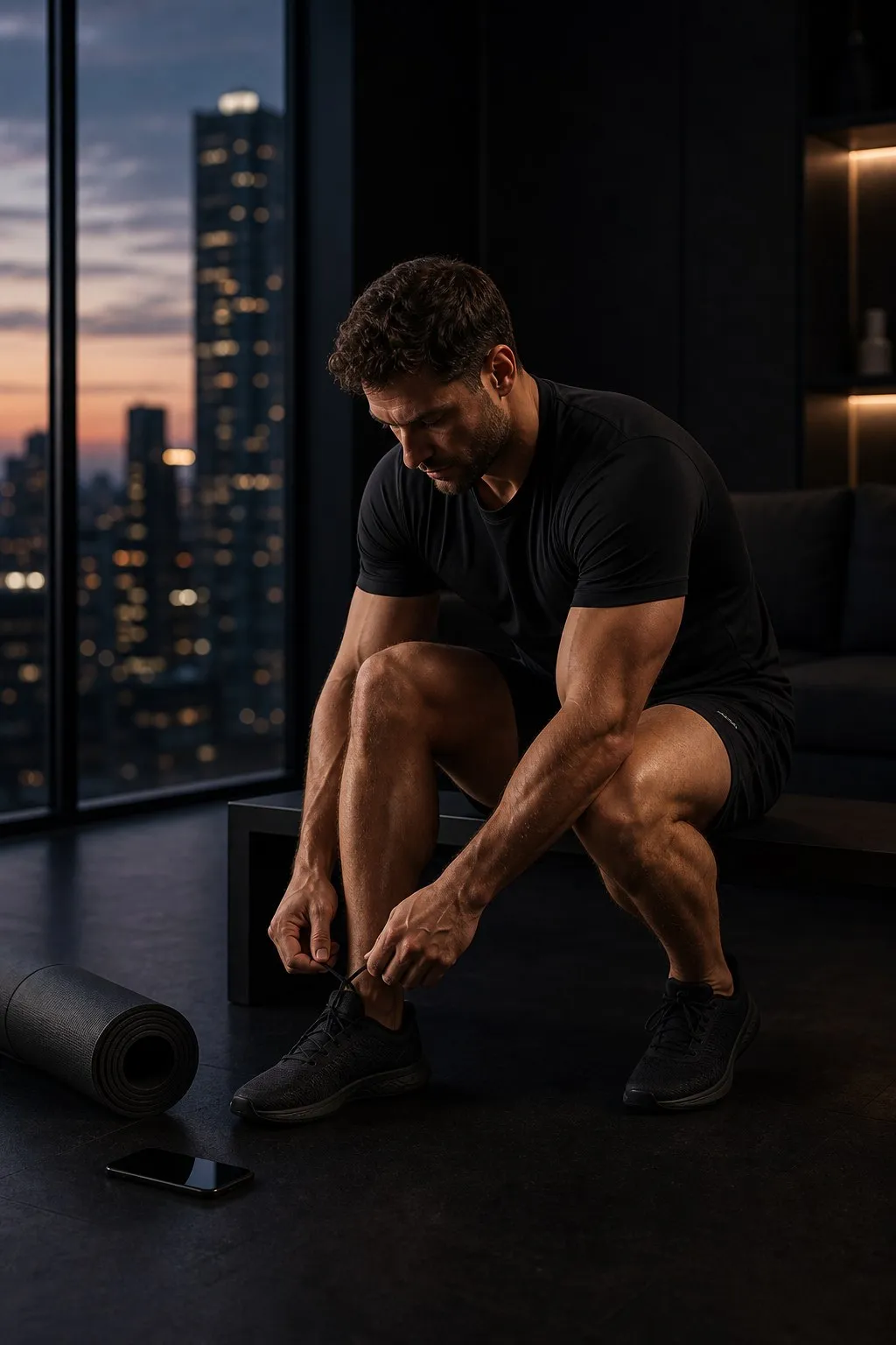 Man lacing black training shoes beside a dark exercise mat and phone in a dim bedroom before an early workout