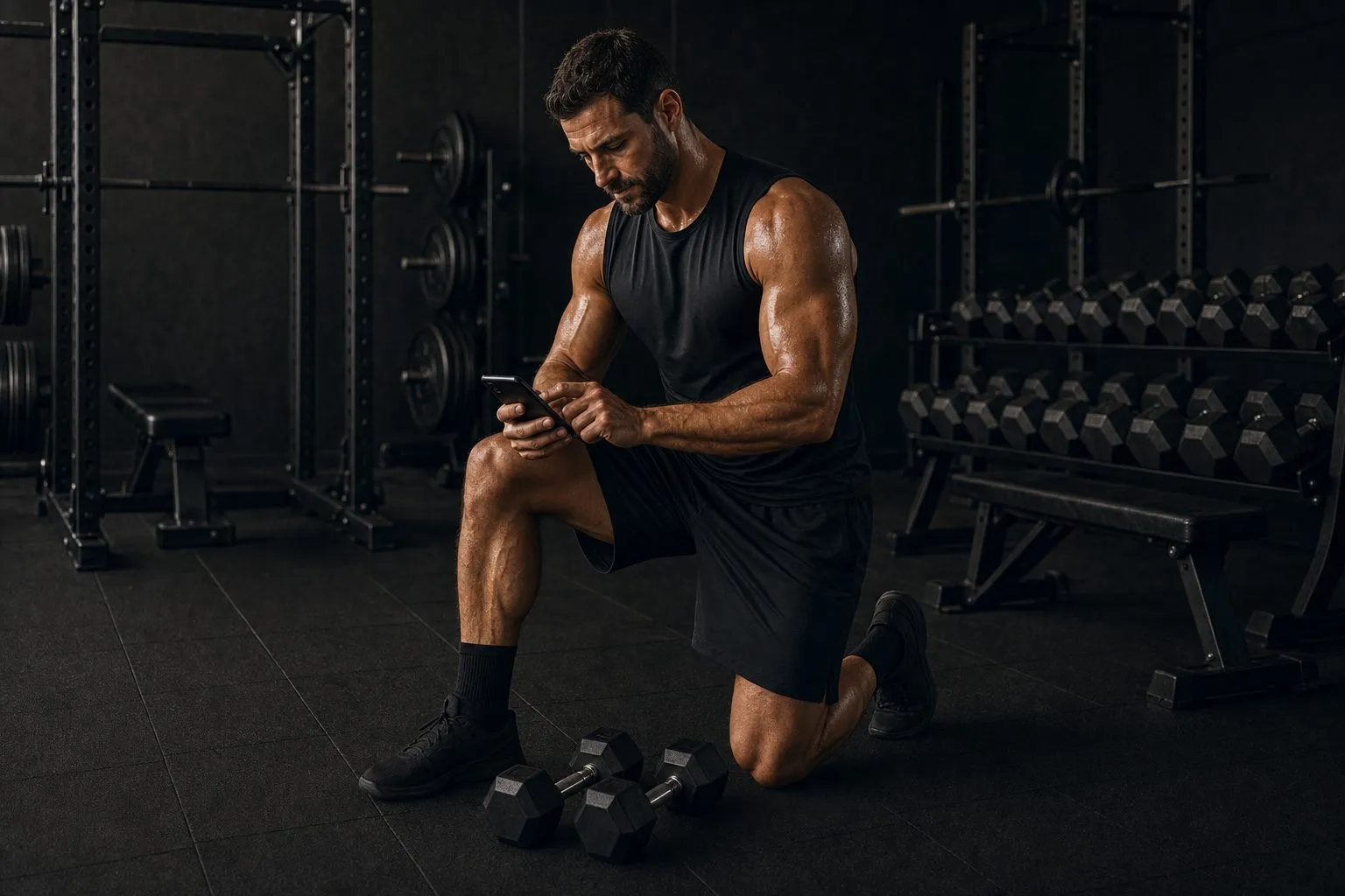 Man kneeling after a set and tapping a dark phone beside one pair of dumbbells on a worn wood floor