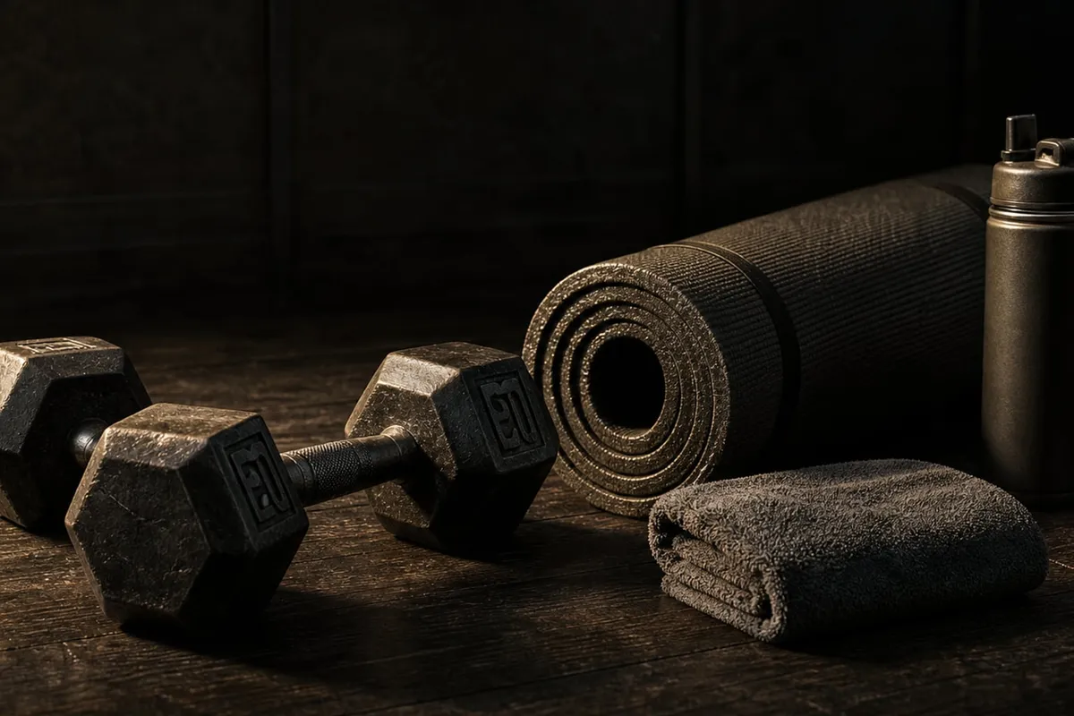 A pair of light dumbbells, a rolled mat, a towel and a water bottle arranged on a dark wood floor