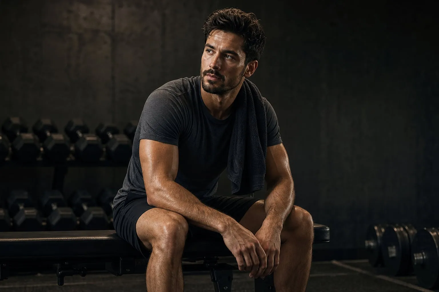 A beginner pausing on a bench between sets in a calm, dimly lit gym