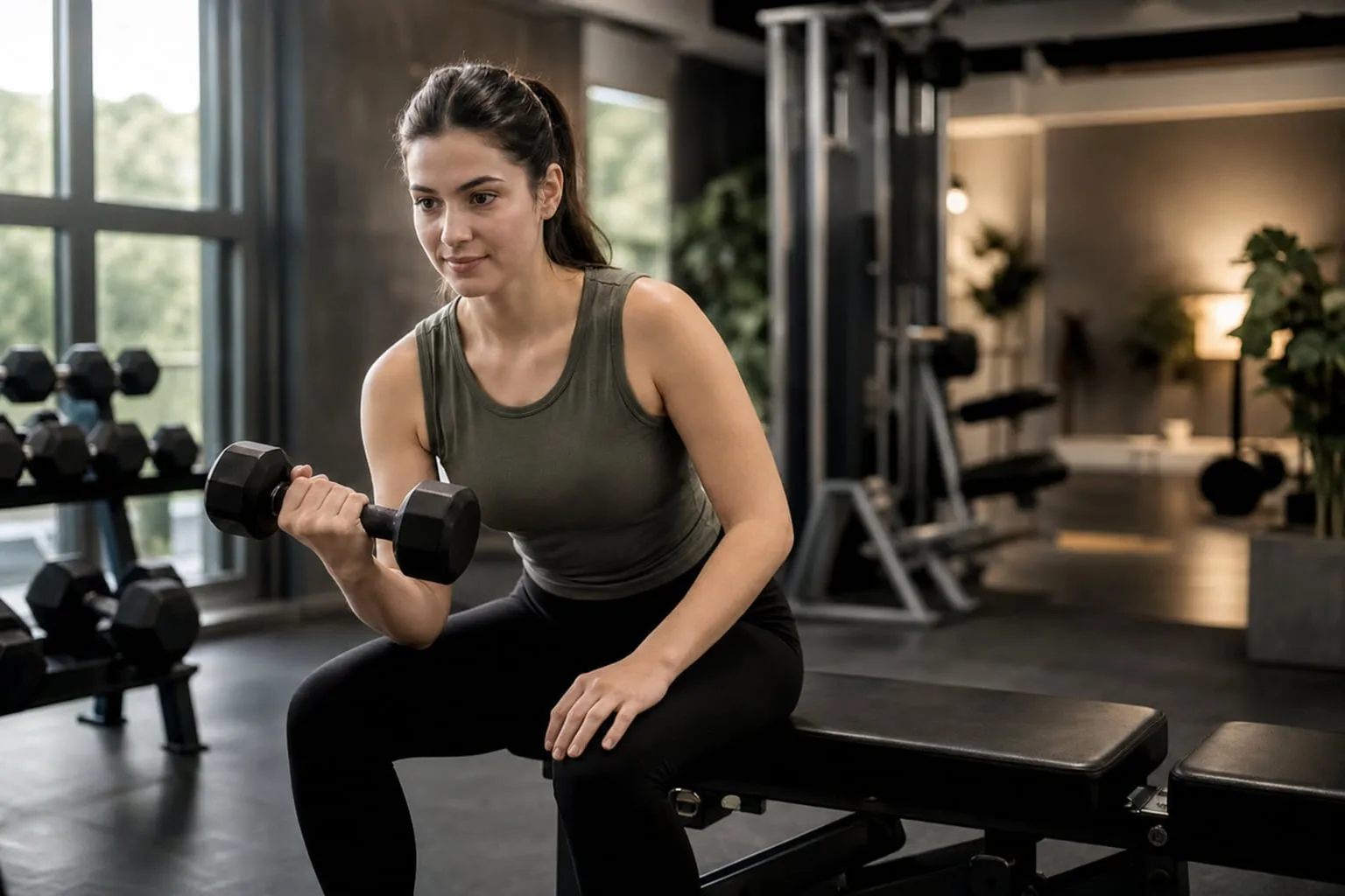 Beginner practicing a light dumbbell exercise in a welcoming gym