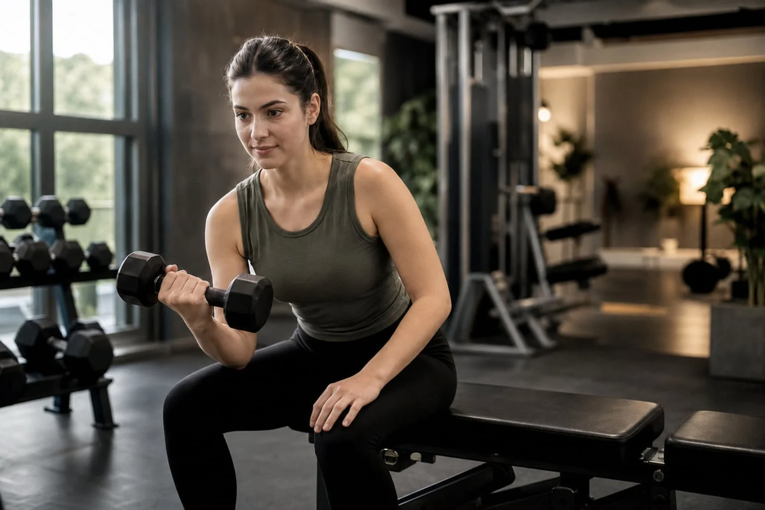 Beginner practicing a light dumbbell exercise in a welcoming gym