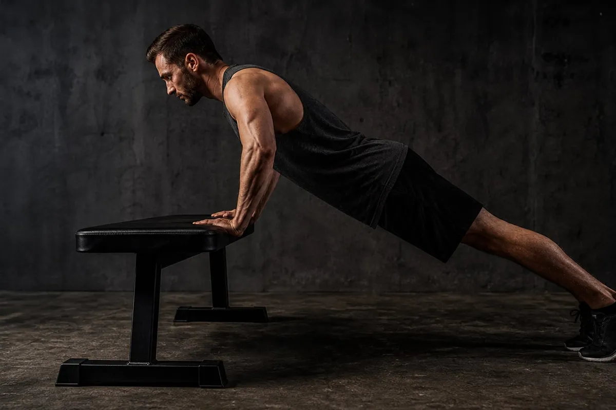 A beginner doing an incline push-up on a bench with clear body alignment
