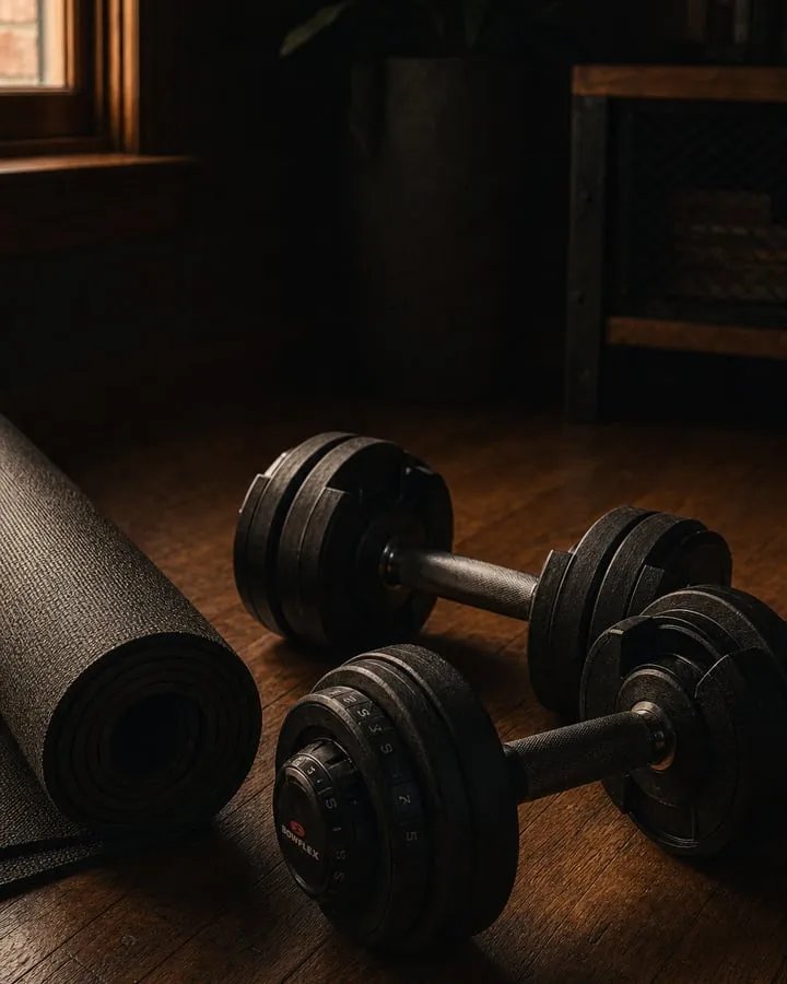 Adjustable dumbbells set beside a home workout mat
