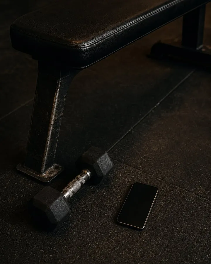 A dumbbell and a phone on the floor beside a gym bench