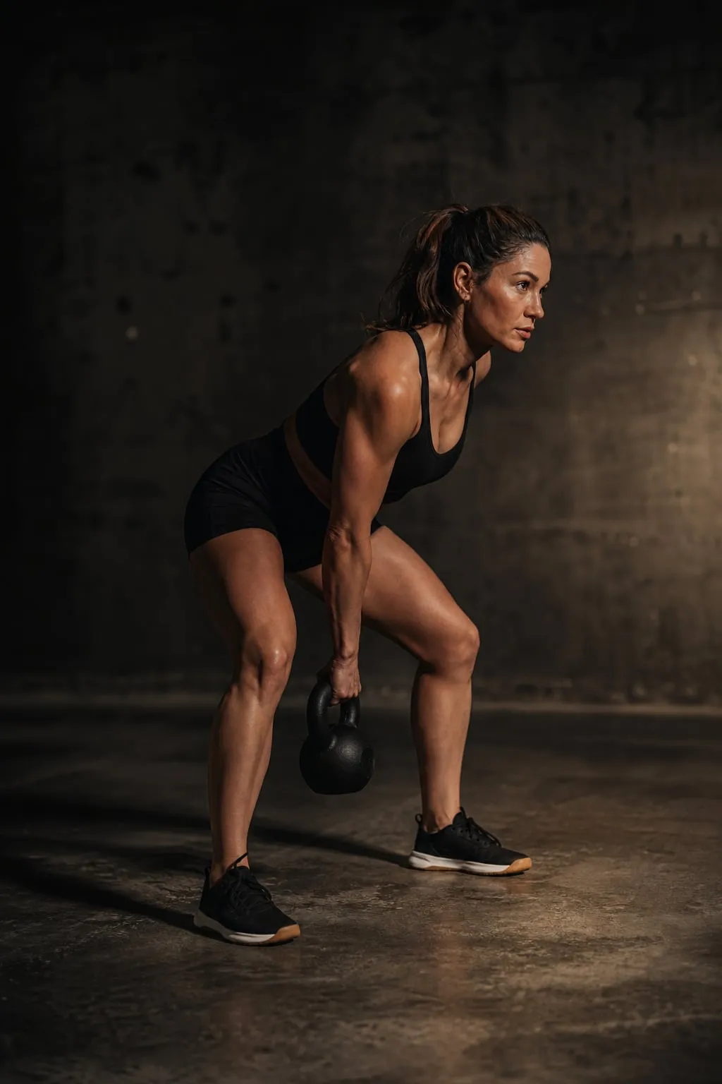 Person mid kettlebell workout in a studio