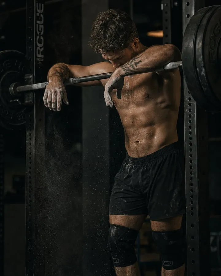 Athlete resting on a racked barbell between sets
