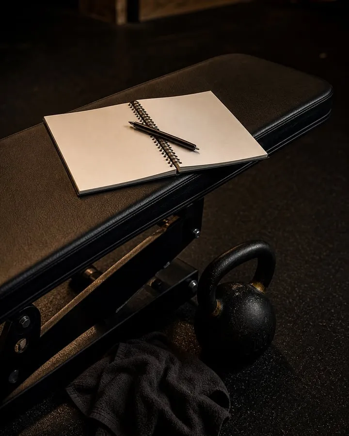 An open training notebook and pen on a gym bench with a kettlebell below