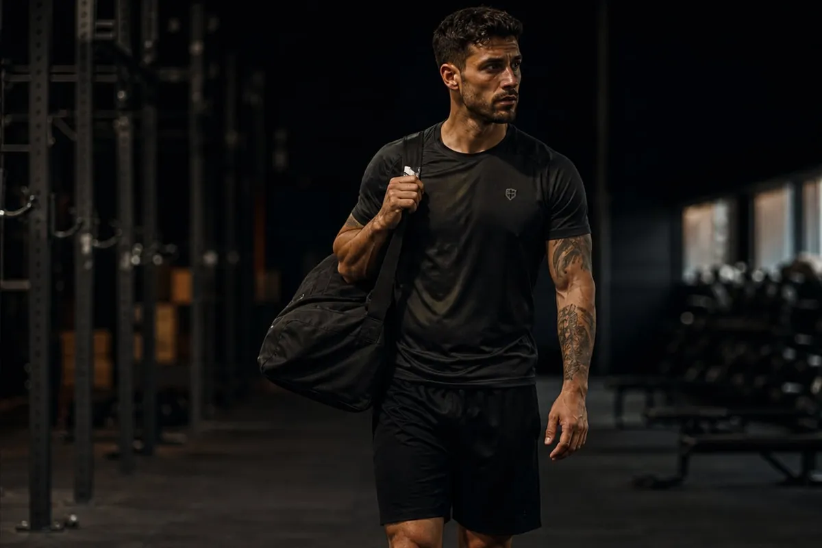 Man carrying a gym bag across the floor of a dark gym