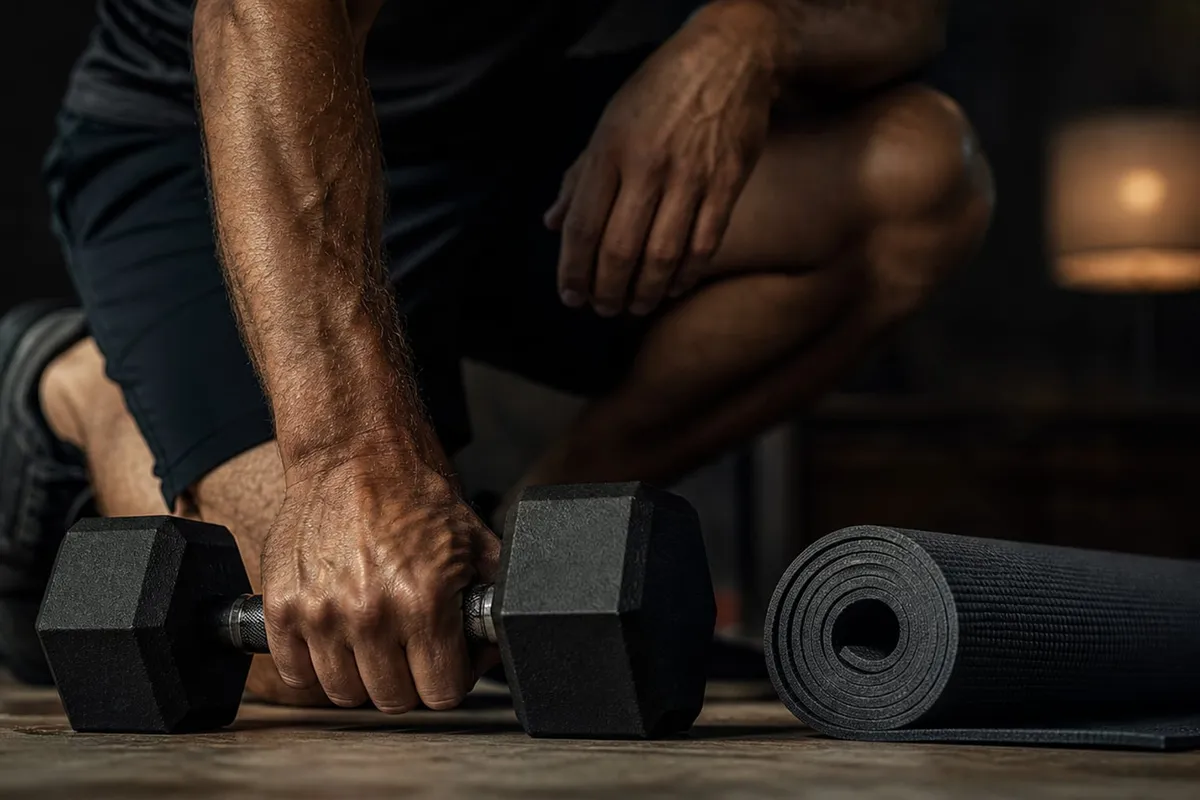 Close-up of a hand gripping a hex dumbbell on a wooden floor beside a rolled exercise mat
