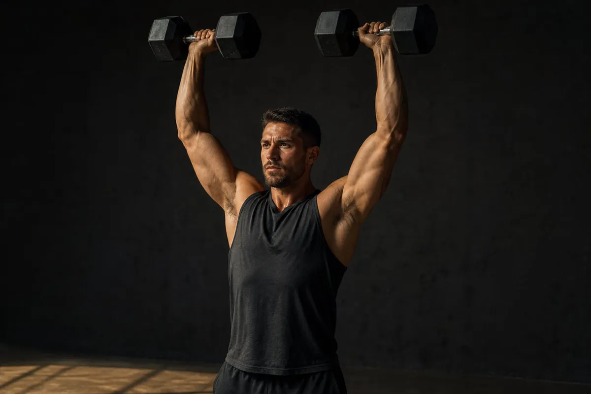 Man pressing two dumbbells overhead in a small plain room at home