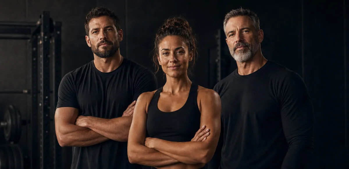 Three Fit Trainer AI coaches pictured from the waist up in a dark gym