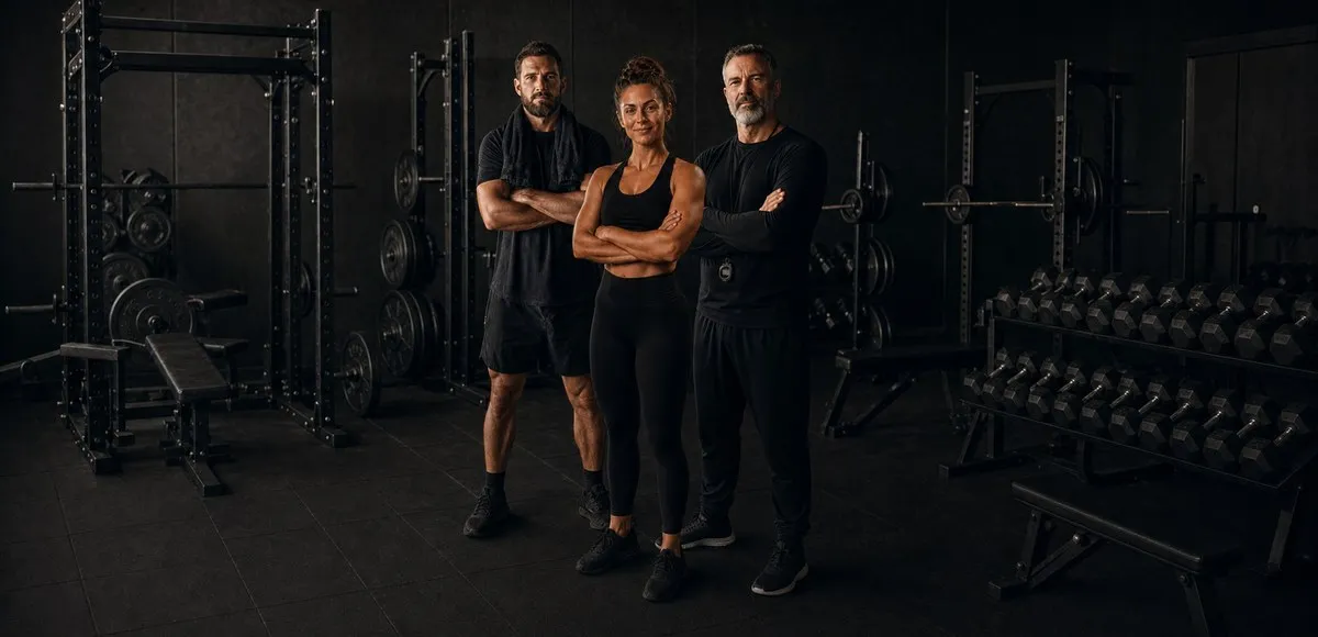Three Fit Trainer AI coaches standing together in a dark gym