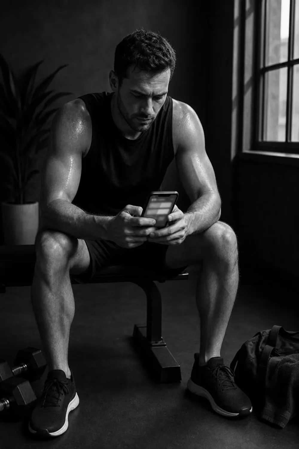 Athlete checking their workout plan on a phone at home