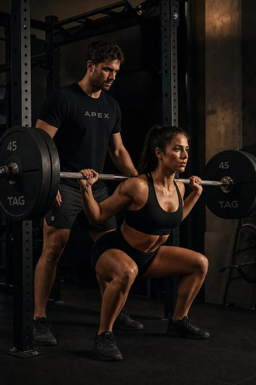 Coach correcting an athlete's squat form mid-rep