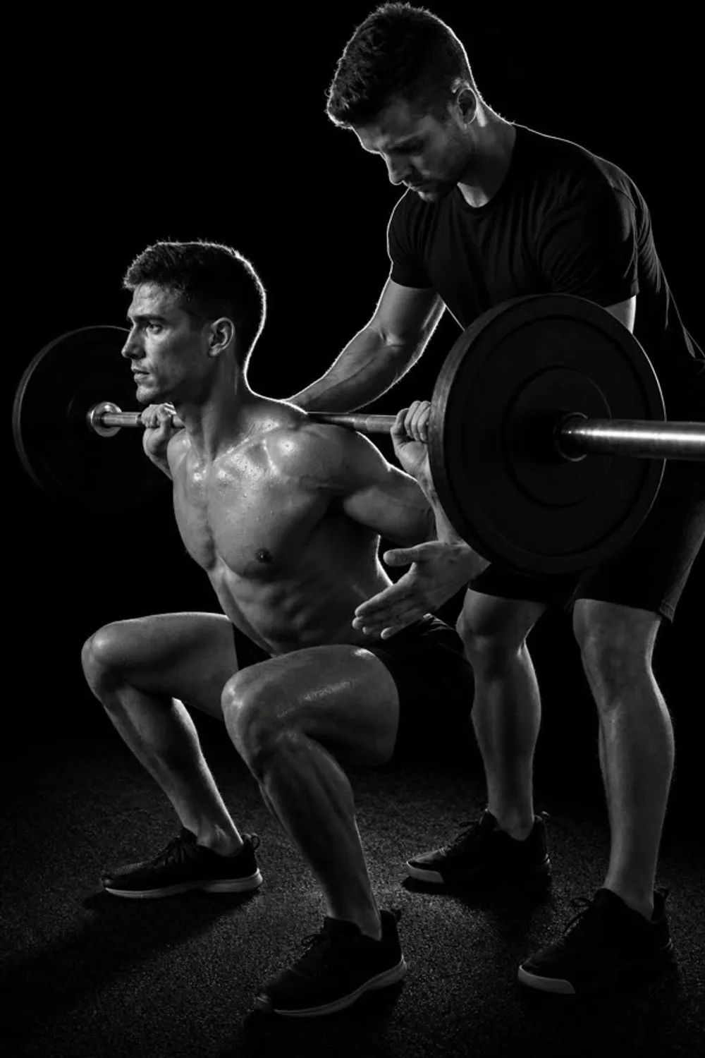 Coach correcting an athlete's squat form mid-rep
