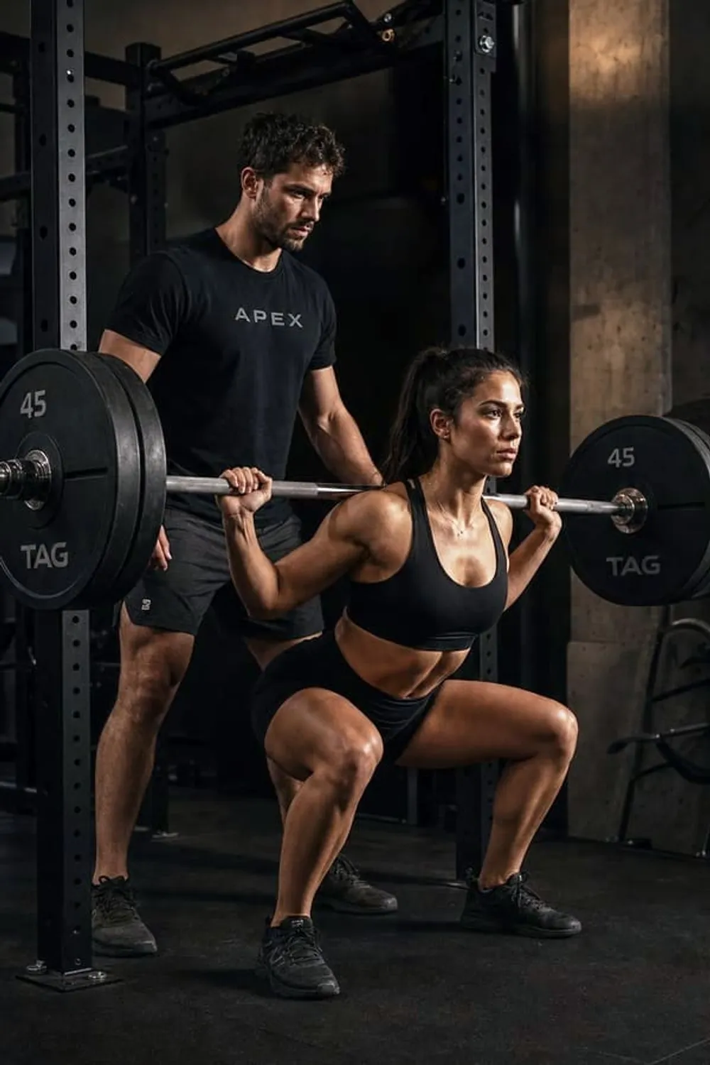 Coach correcting an athlete's squat form mid-rep