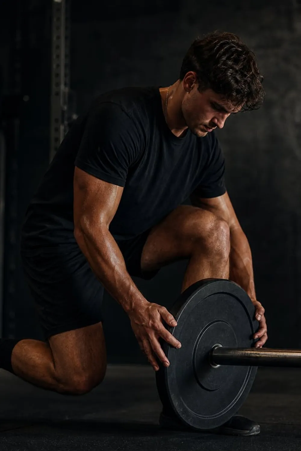 Athlete adding a weight plate to a barbell