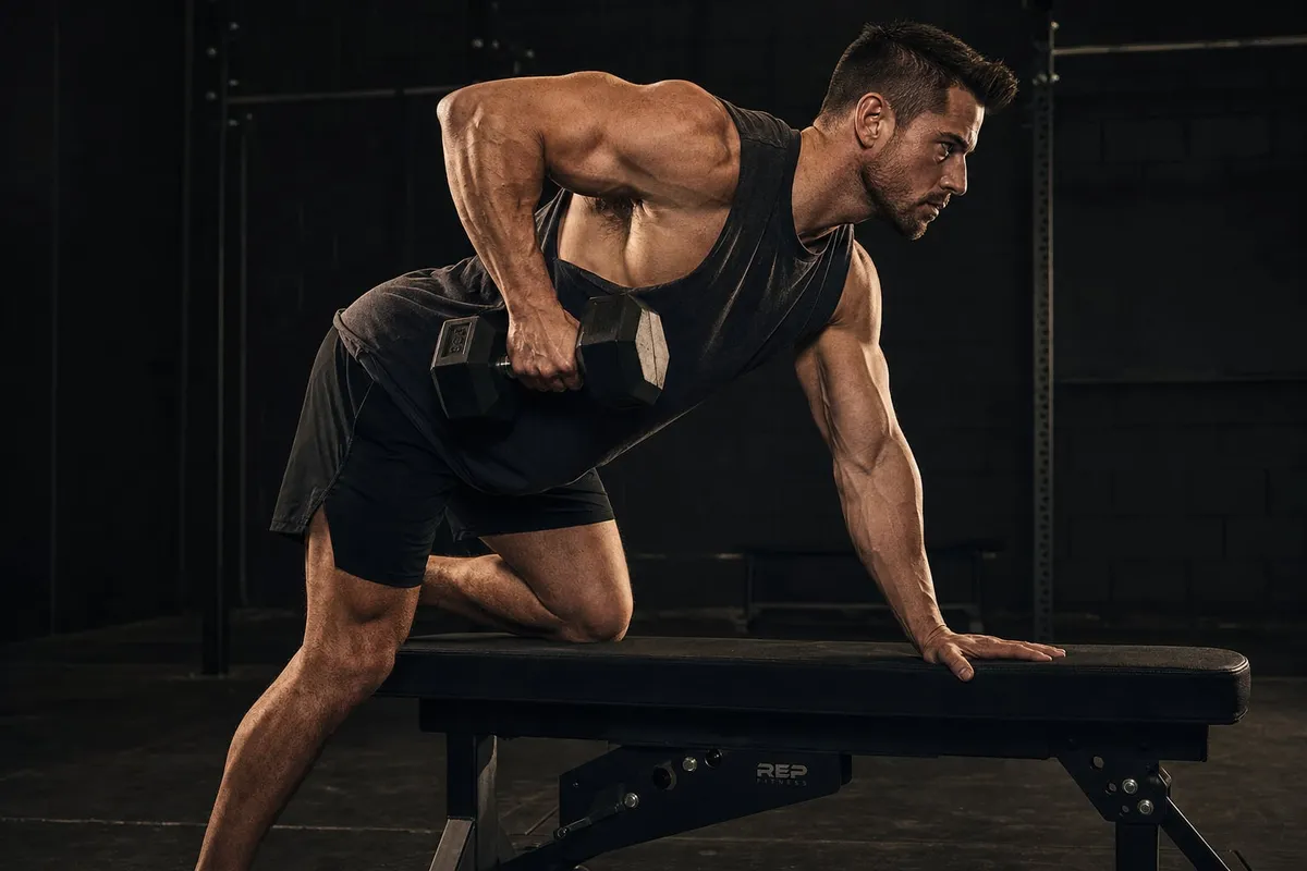 Person performing a single-arm dumbbell row with controlled form on a bench