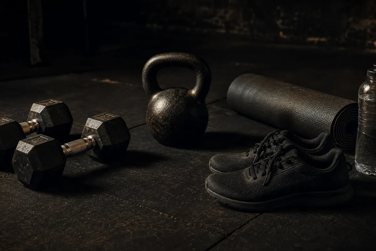 Two dumbbells, a kettlebell, a rolled mat, a water bottle, and training shoes arranged on a dark gym floor