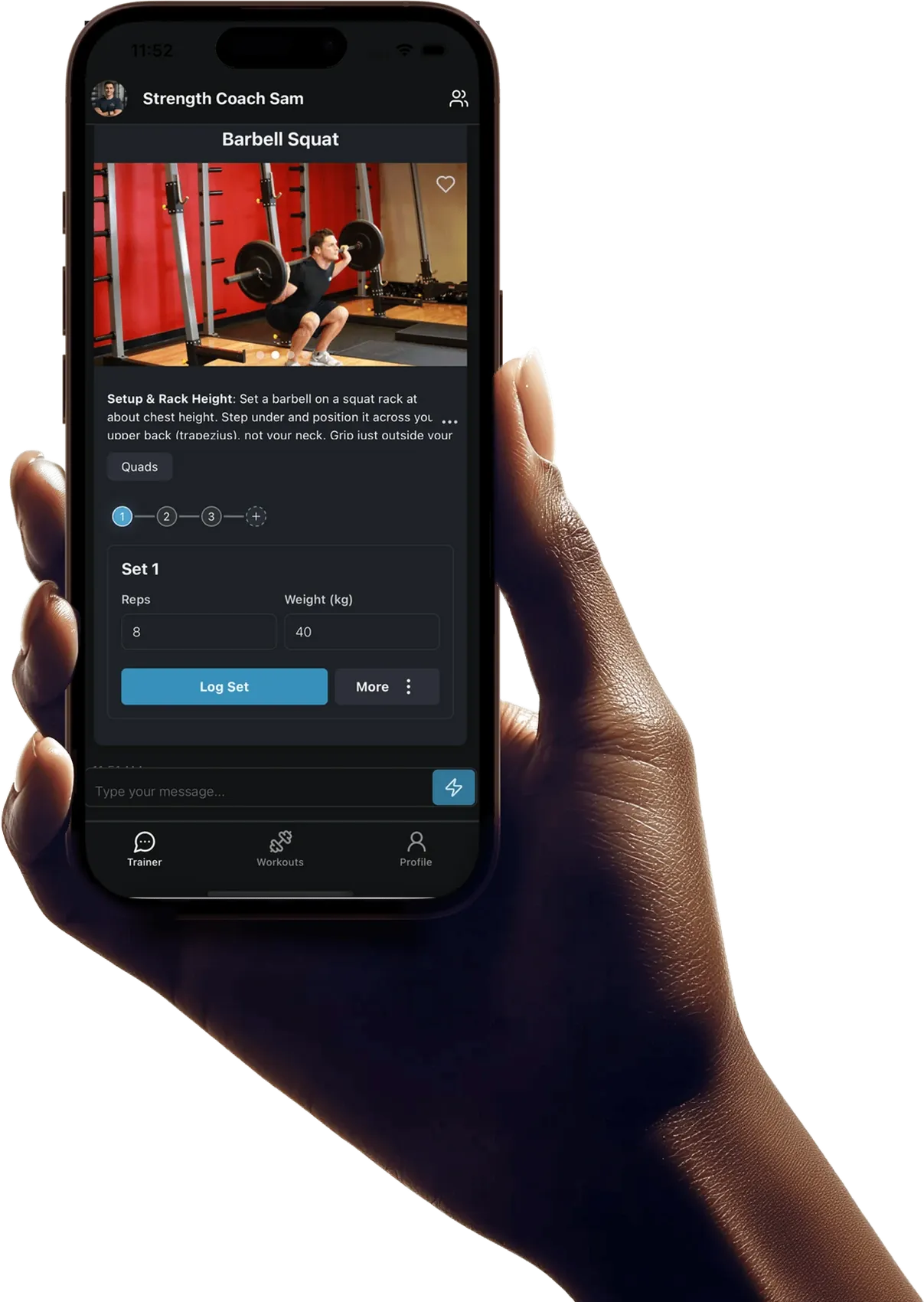 Hand holding a phone with the Fit Trainer app guiding a Barbell Squat set