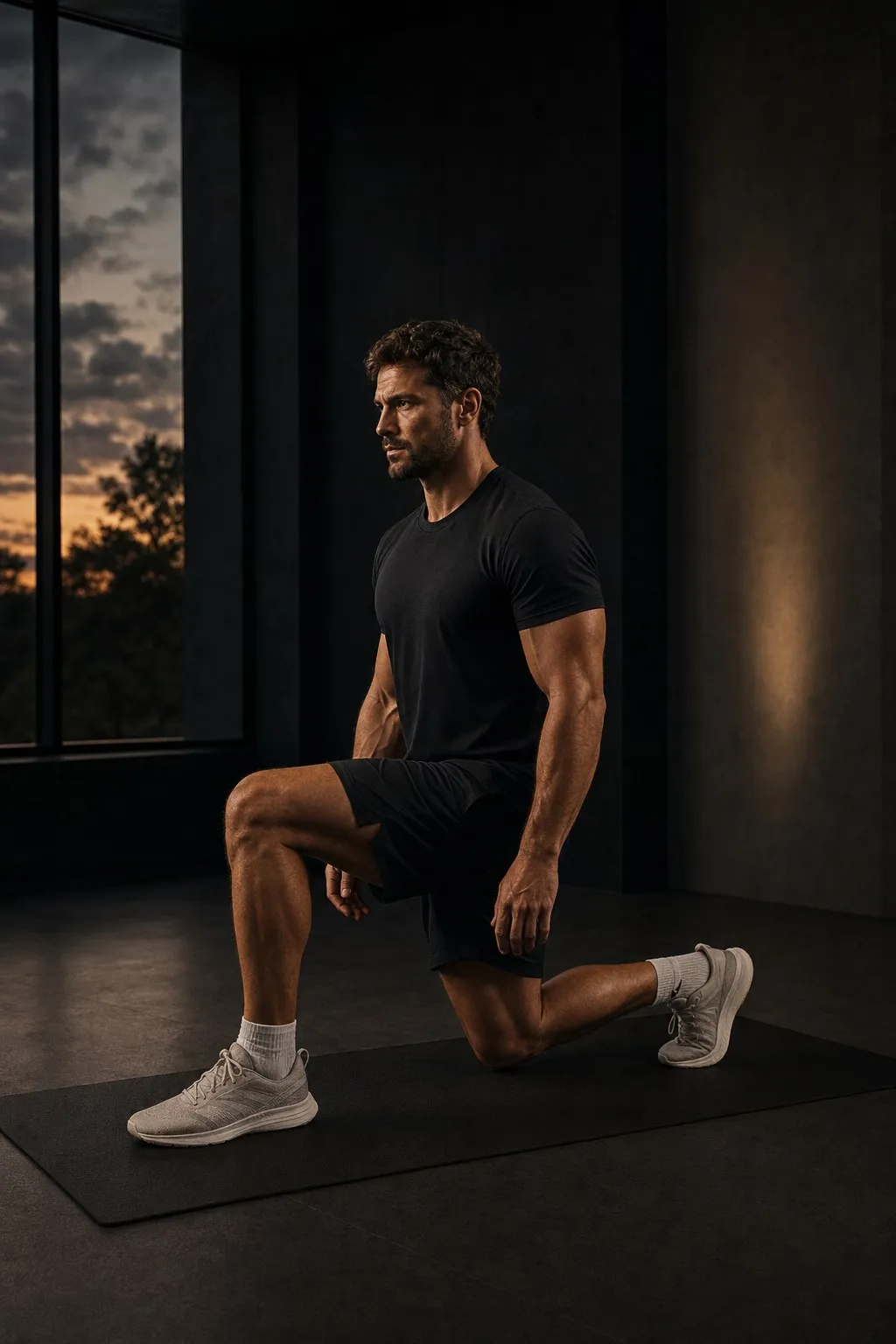 Man in a dark living room mid bodyweight reverse lunge on a mat, front knee stacked over his foot, no gym equipment in sight