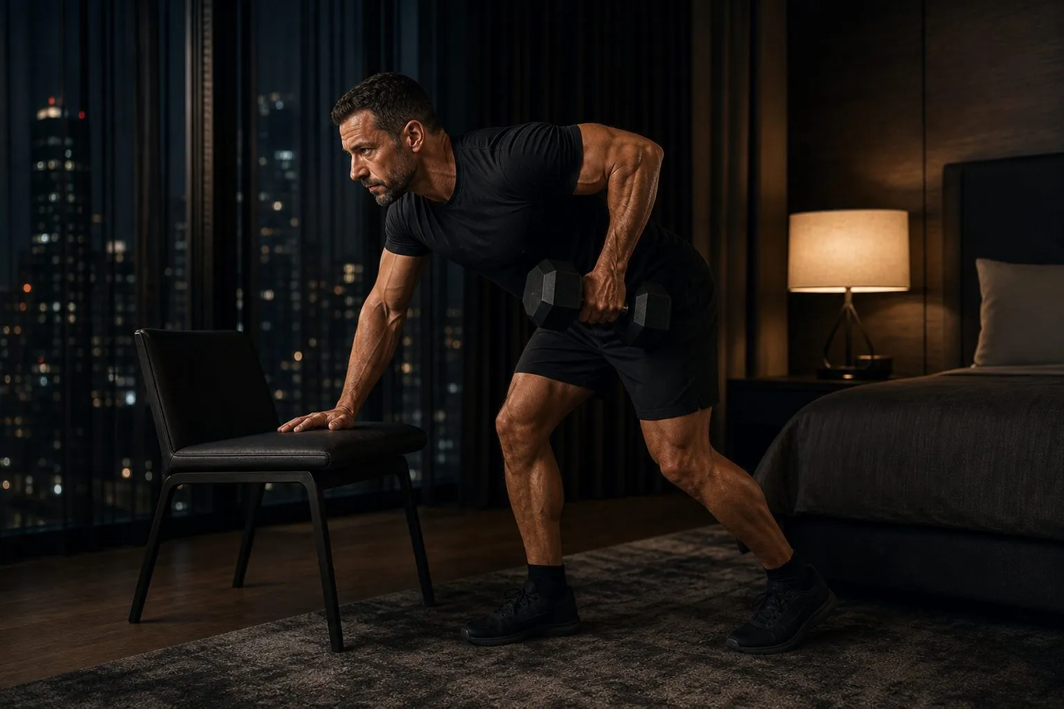 Man in a dark hotel room doing a supported single-arm dumbbell row, one hand braced on a chair seat, back flat, one dumbbell drawn to his ribs