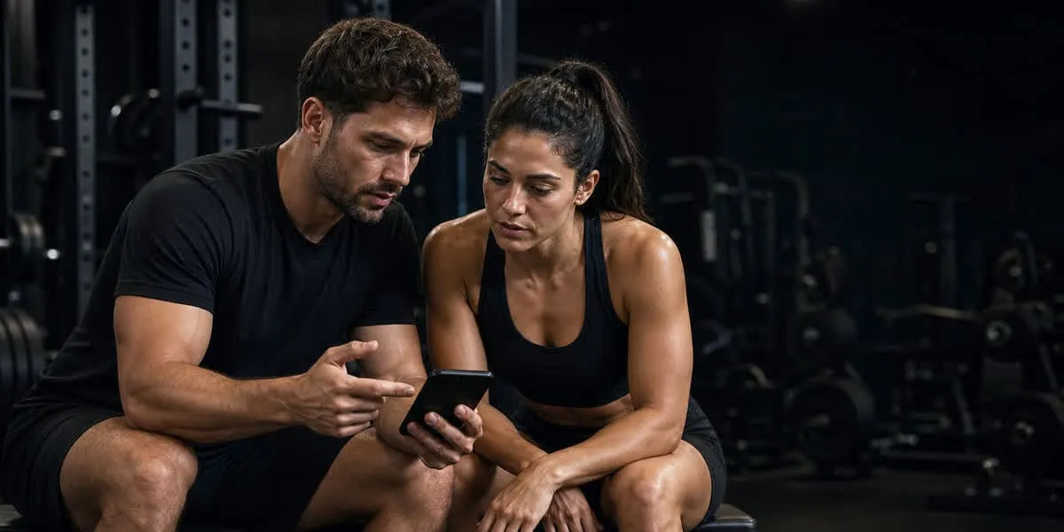 Coach reviewing workout progress with an athlete on a phone