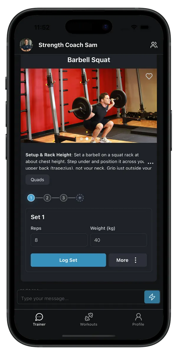 Tracking sets during a workout in the Fit Trainer app