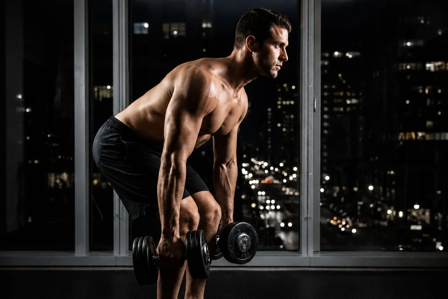 Man doing a Romanian deadlift with two dumbbells by a hotel gym window at night