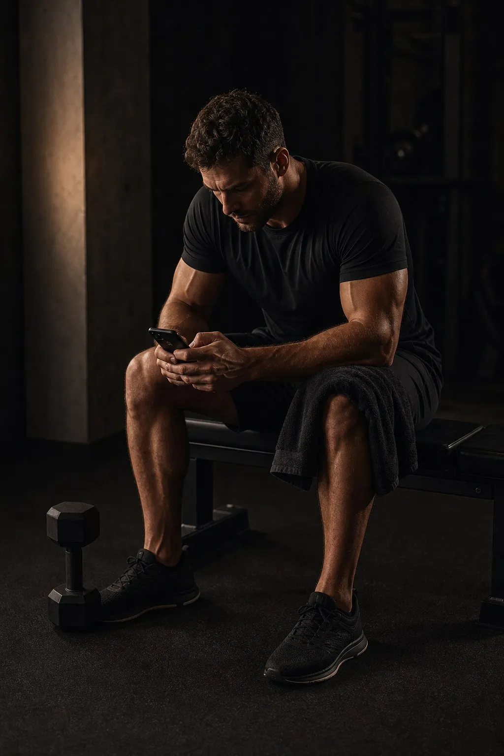 A lifter resting on a flat bench after a set, looking at his phone, one dumbbell on the floor beside him in a dark gym