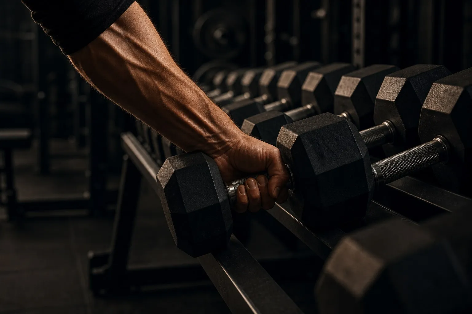 A hand reaching for the next pair up on a rack of dumbbells that ascend in weight, in a dark gym
