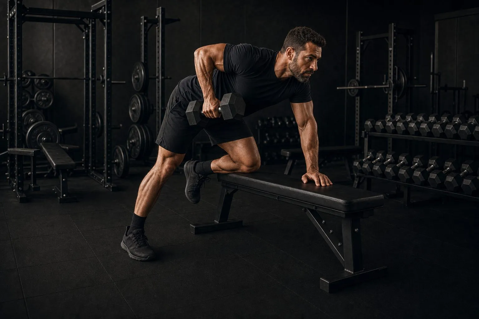 A lifter mid-pull on a one-arm dumbbell row, one hand and knee braced on a bench, a folded towel and open notebook resting beside him