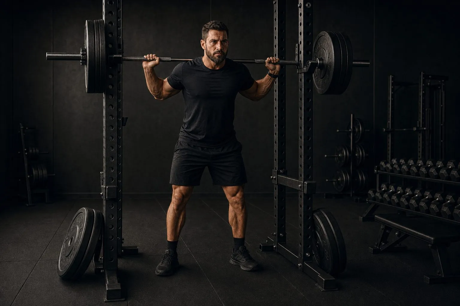 A lifter stepping under a straight barbell on a squat stand, weight plates of several sizes laid out on the floor beside the rack