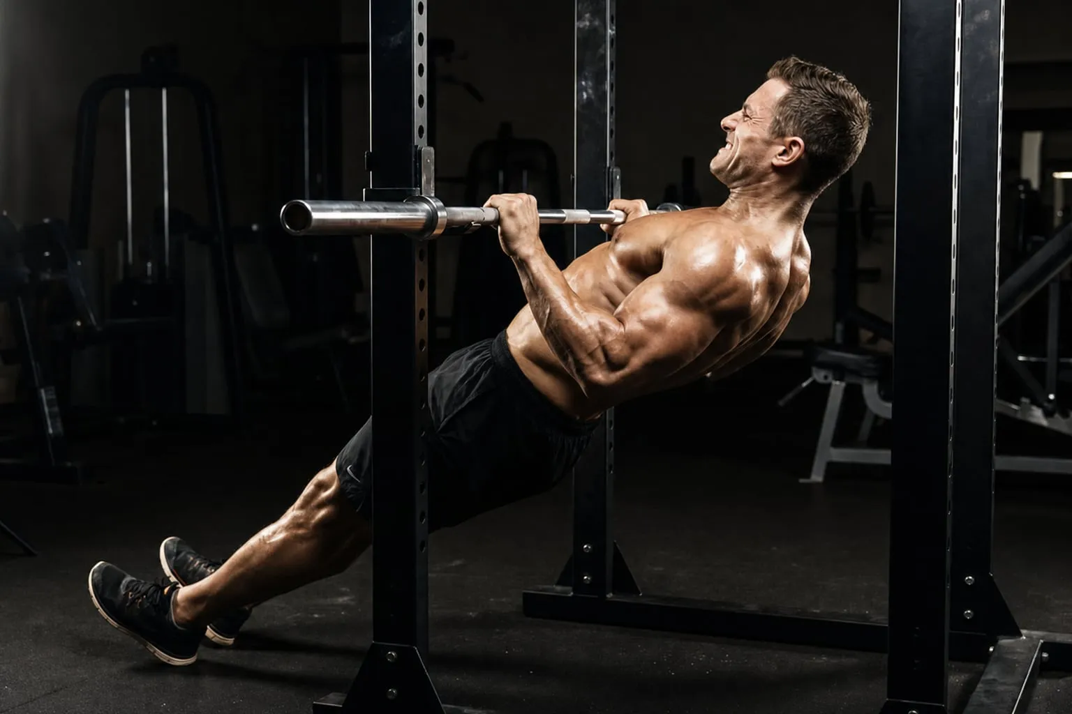 Athlete performing an inverted row under a barbell in a power rack