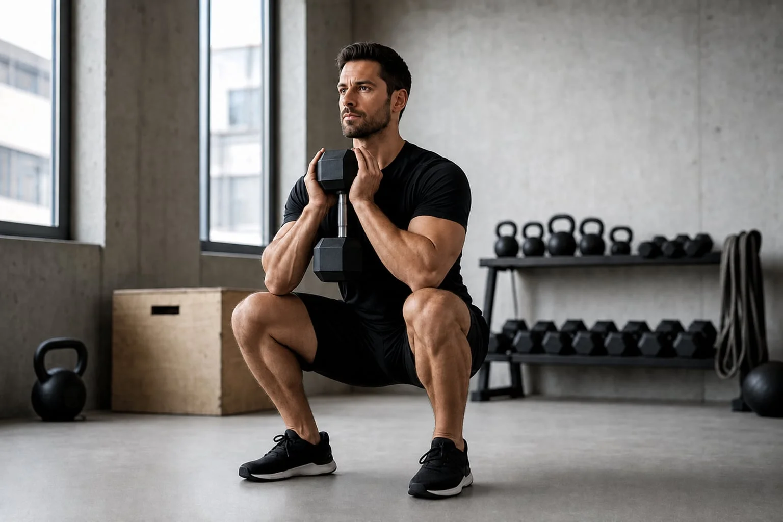 Man performing a goblet squat at full depth with a single vertical dumbbell, kettlebells and a plyo box behind him