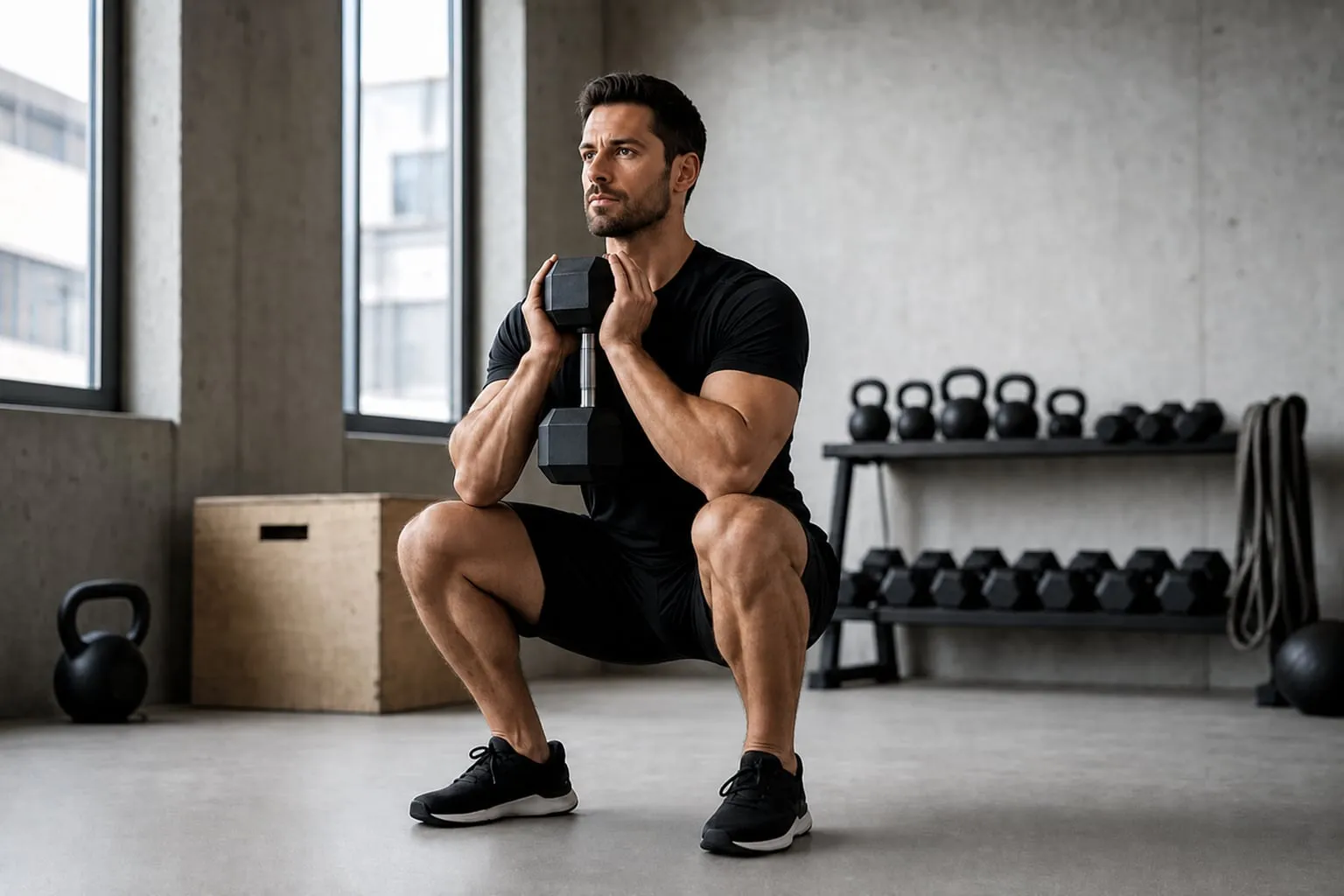 Man performing a goblet squat at full depth with a single vertical dumbbell, kettlebells and a plyo box behind him
