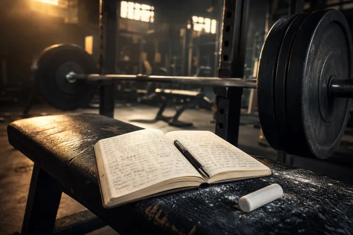 Training journal and chalk beside a loaded barbell in a dark gym