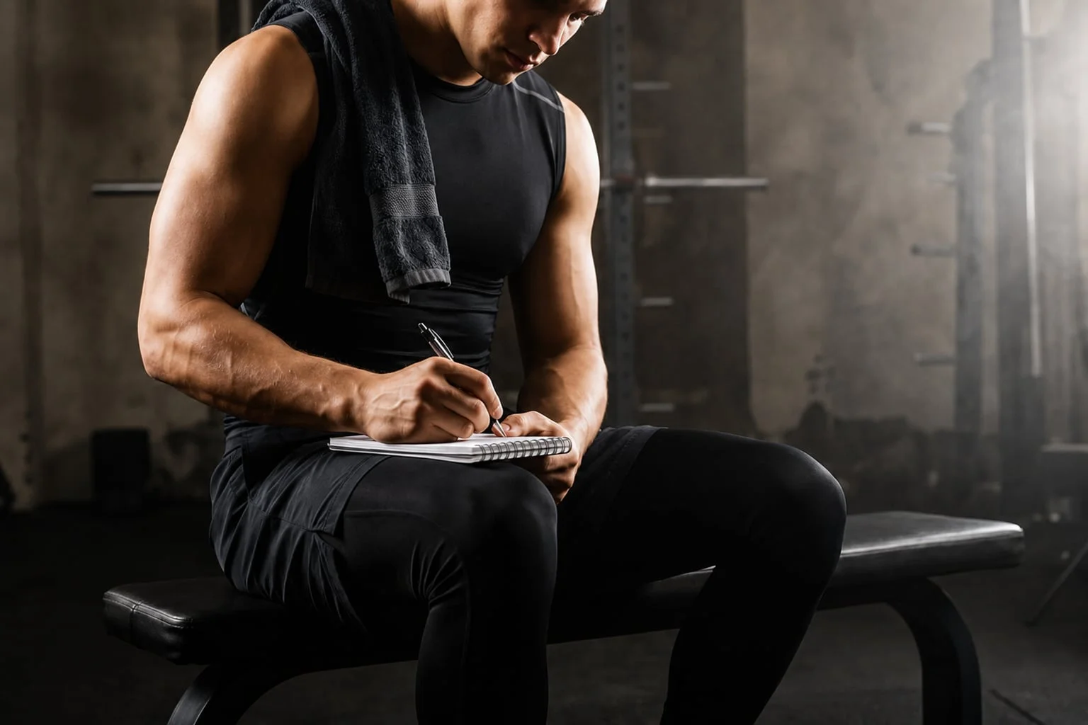 Athlete sitting on a gym bench writing a training plan in a notebook