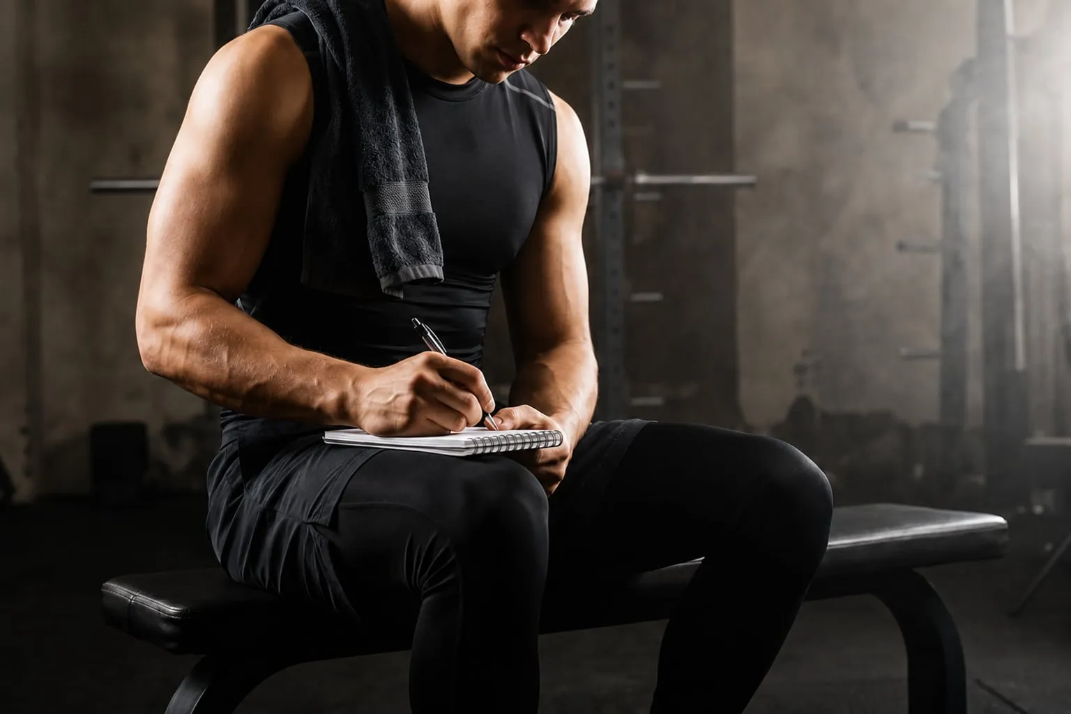 Athlete sitting on a gym bench writing a training plan in a notebook