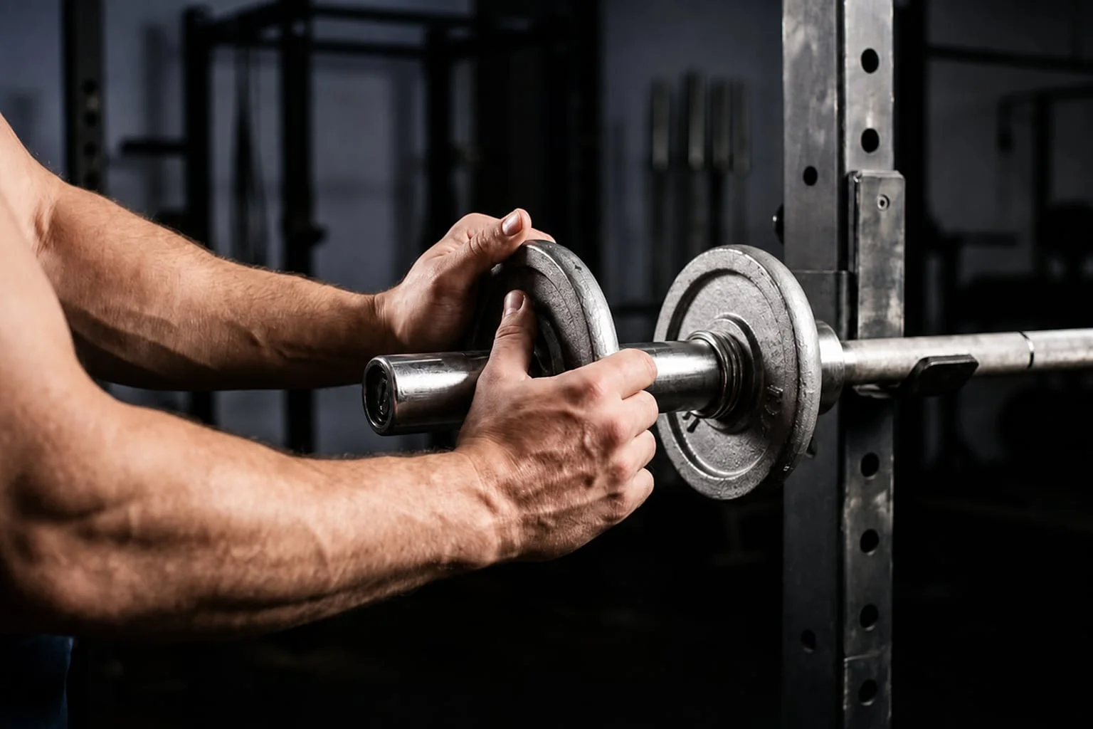 Hands sliding a weight plate onto a barbell in a squat rack